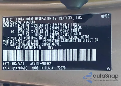 2009 Toyota Venza из США, поврежденный, VIN 4T3ZE11A59U014717